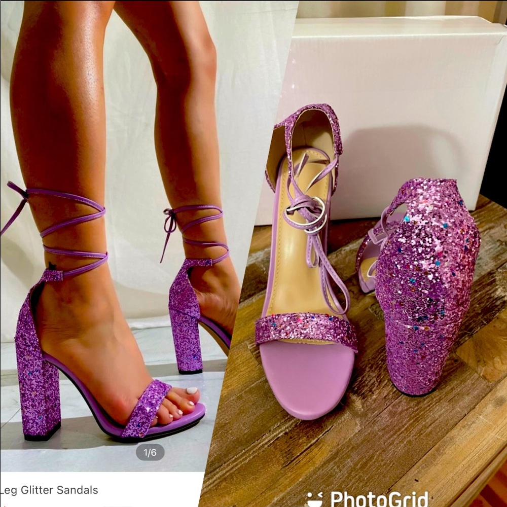 Thick Heel, open toe, purple glittery Hills